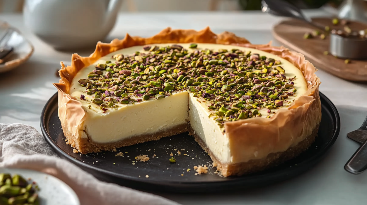 Baklava-Cheesecake auf einem schwarzen Teller. Der Cheesecake ist mit Pistazien bestreut. Im Vordergrund liegt ein Tuch sowie ein Teller mit mehr Pistazien. Im Hintergrund liegt ein kleines Brett mit mehr gehackten Pistazien.
