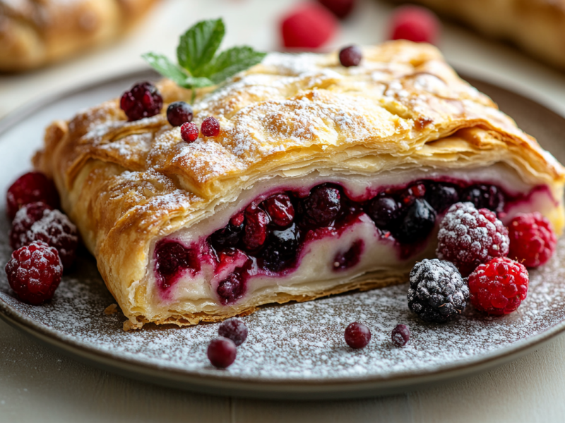 Ein Stück Beeren-Quark-Strudel auf einem Teller, bestreut mit Puderzucker. Drumherum einige frische Beeren.