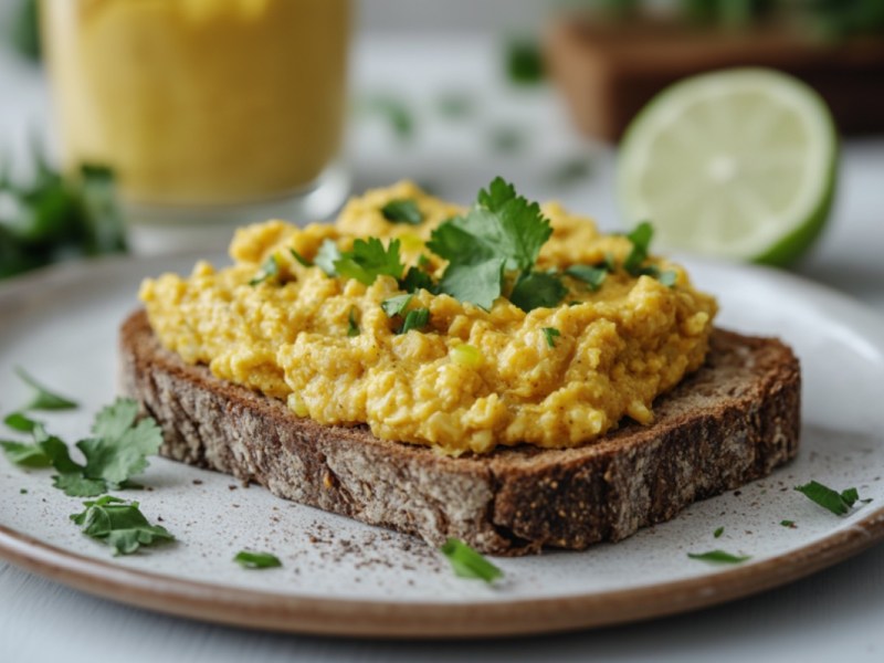 Eine Scheibe Brot mit Blumenkohl-Aufstrich mit Curry und Limette auf einem Teller.