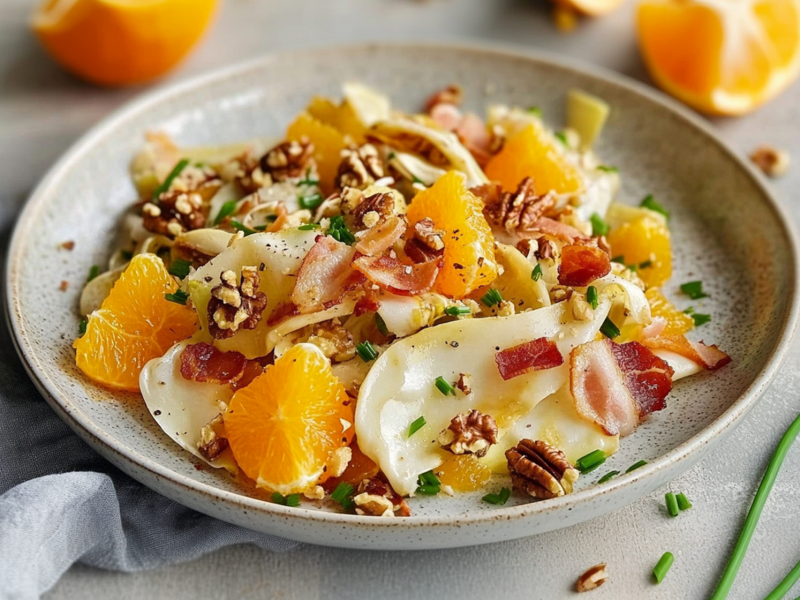 Ein großer Teller voll Chicorée-Salat mit Orangen, Walnüssen und Speck garniert mit frischem klein gehacktem Schnittlauch- Links vom Teller liegt ein hellblaues Küchentuch und eine Gabel. Ansonsten liegen Schnittlauchhalme und Walnüsse um den Teller verstreut. Im Hintergrund sind verschwommen auch noch aufgeschnittene Orangen zu erkennen.
