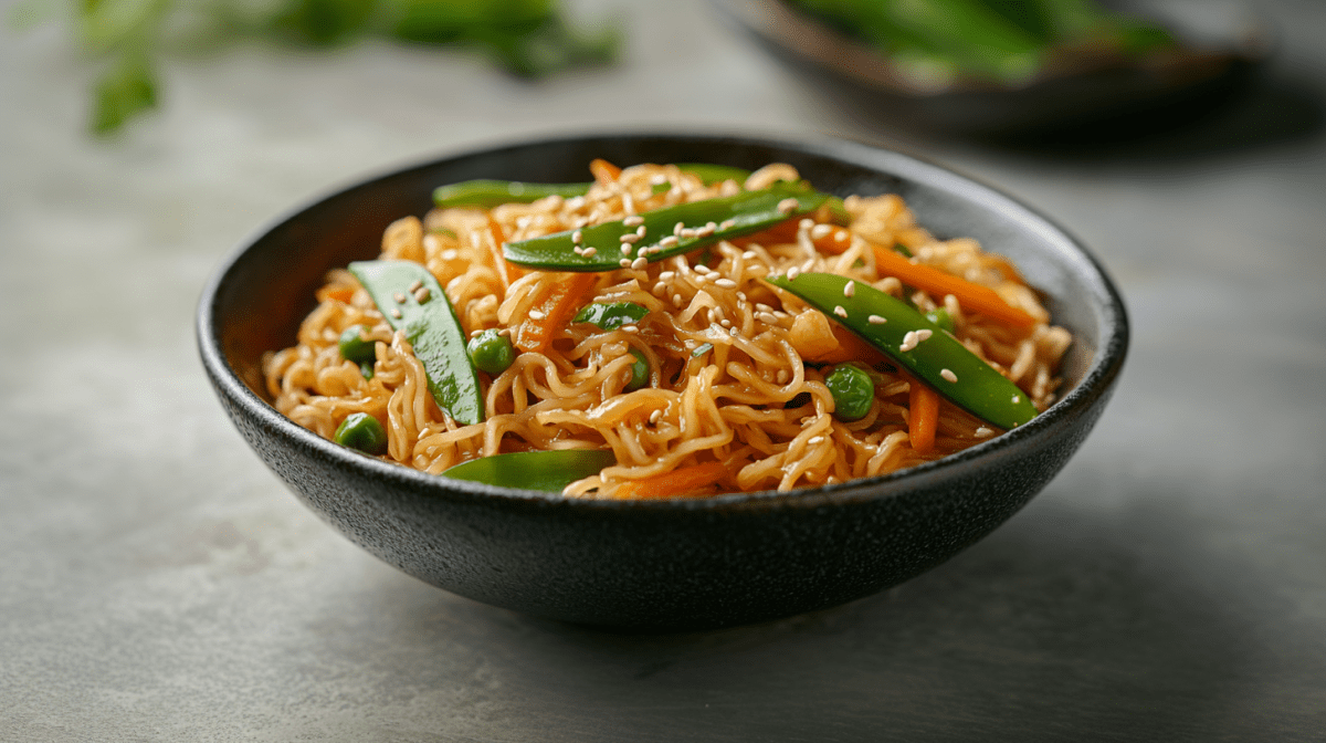 Eine dunkle Schale mit Chilinudeln mit Erdnusssoße steht auf einem grauen Tisch. Die Nudeln sind mit Zuckerschoten, Karotten und Sesam angerichtet.