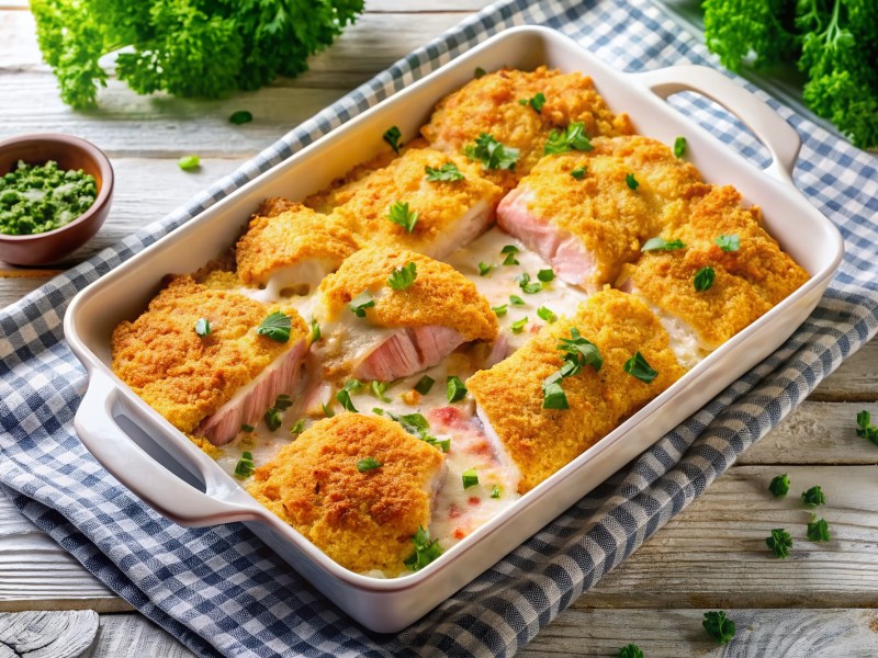 Hähnchen-Cordon-bleu-Auflauf auf einem Tisch