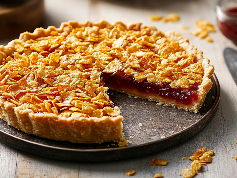 Cornflake-Tart, von der ein Stück entnommen wurde, auf einem Kuchenteller.