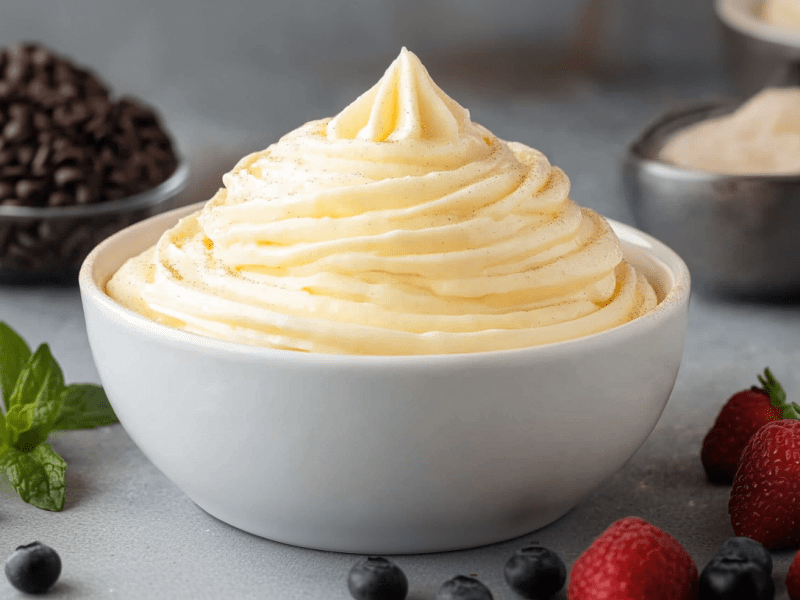 Diplomatencreme in einer weißen schale. Drum herum verteilt liegen verschiedene Beeren.