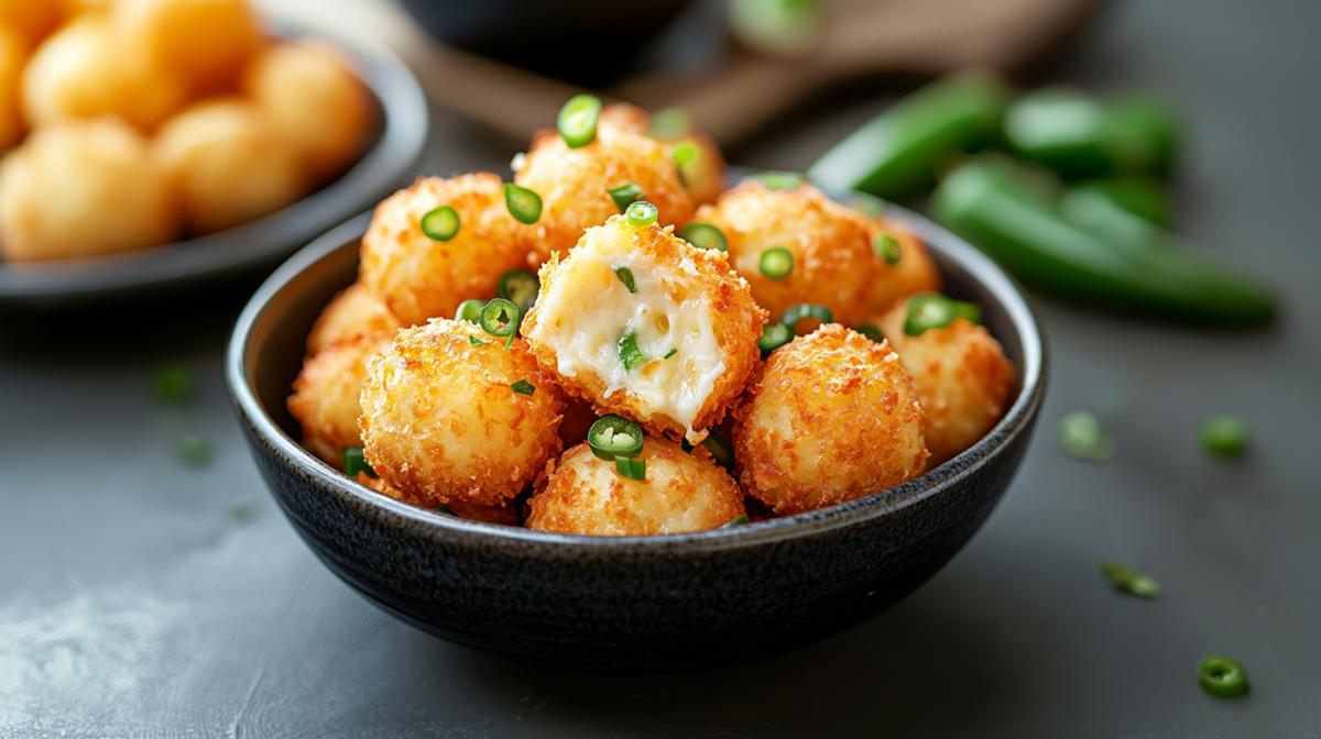 Eine kleine schwarze Schüssel mit Frischkäse-Jalapeño-Bällchen aus dem Airfryer. Die Bällchen sind mit frischen Jalapeño-Stückchen garniert. Ein Bällchen liegt angebissen auf den anderen und man kann die creimge Füllung sehen. Im Hintergrund kann man verschwommen frische Jalapeños und eine weitere Schale mit Frischkäse-Jalapeño-Bällchen erkennen.