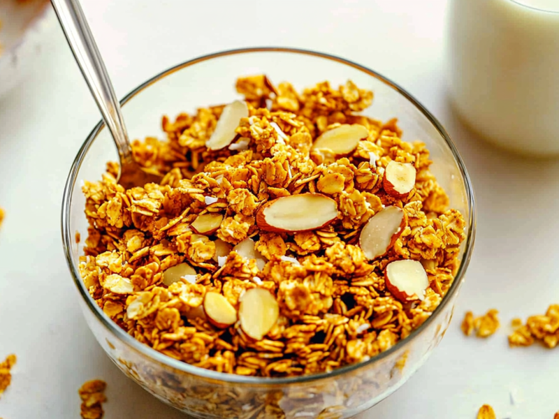 Eine Glasschüssel mit Golden-Milk-Granola, das aus Haferflocken, gehackten Mandeln und Kokosflocken besteht und eine leuchten gold-gelbe Farbe hat. Es steckt ein Löffel im Granola und es liegt auf der weißen Oberfläche um die Glasschüssel weiteres Granola verstreut. In der rechten oberen Bildecke ist eine Milchflasche zu sehen