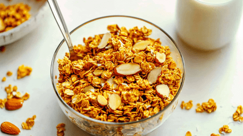 Eine Glasschüssel mit Golden-Milk-Granola, das aus Haferflocken, gehackten Mandeln und Kokosflocken besteht und eine leuchten gold-gelbe Farbe hat. Es steckt ein Löffel im Granola und es liegt auf der weißen Oberfläche um die Glasschüssel weiteres Granola verstreut. In der rechten oberen Bildecke ist eine Milchflasche zu sehen