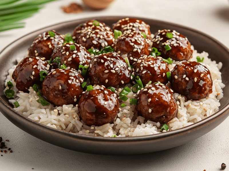 Ein Teller Reis mit Hackbällchen in Teriyakisoße, garniert mit Sesam und Frühlingszwiebeln. Drumherum einige Zutaten.
