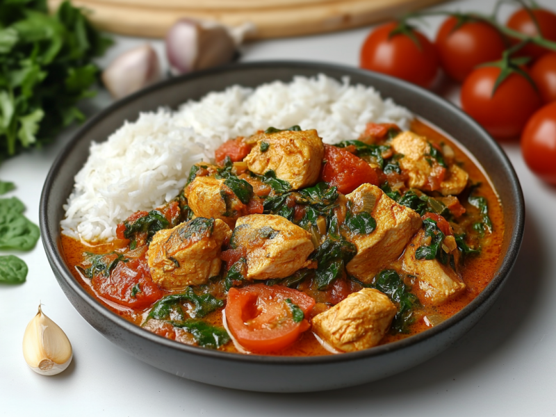 Ein Teller Reis und Hähnchen in Joghurtsoße mit Tomaten, rumherum Spinat, Tomaten und Knoblauch.