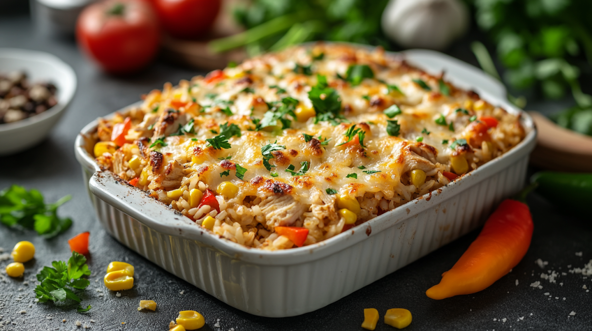 Hähnchen-Reis-Auflauf in weißer Auflaufform, drumherum einige frische Zutaten.