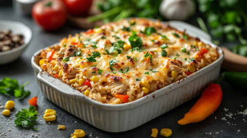 Hähnchen-Reis-Auflauf in weißer Auflaufform, drumherum einige frische Zutaten.