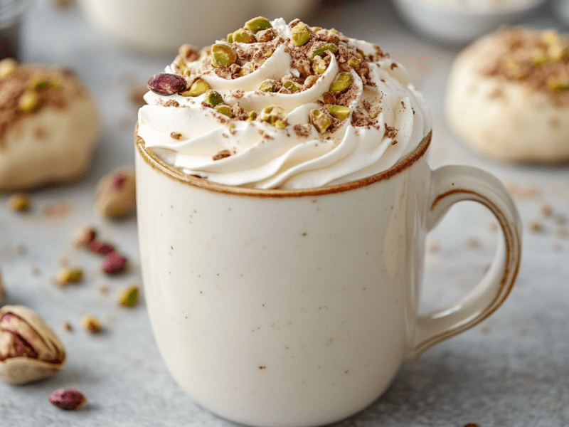 eine Tasse heiße Dubai-Schokolade mit Schlagsahne und gehackten Pistazien garniert. Drumherum Gebäck und gehackte Pistazien.