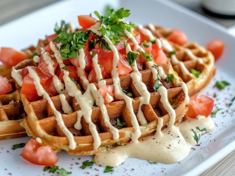Ein Teller mit Hummus-Waffeln, die mit gestückelten Tomaten, frischen Kräutern und Tahini garniert sind.