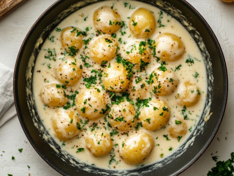 Kartoffeln in cremiger Knoblauchsoße in einer Pfanne in der Draufsicht.