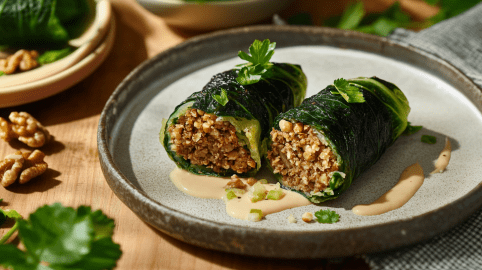 Zwei aufgeschnittene Kohlrouladen mit Walnüssen liegen auf einem grauen Teller. Sie sind mit einer hellen Soße und ein paar frischen Kräutern garniert. Der Teller steht auf einem Holztisch. Links daneben liegen noch weitere Walnüsse. Hinten links im Bild sieht mann weitere Wirsingblätter.