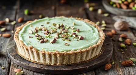 Ein Kokos-Pistazien-Cheesecake steht auf einer rustikalen Holzplatte auf einem Holztisch in derselben Farbe. Dekoriert ist er mit einigen Mandeln und Pistazien. Rund um den Kuchen liegen verteilt weitere Mandeln und Pistazien.