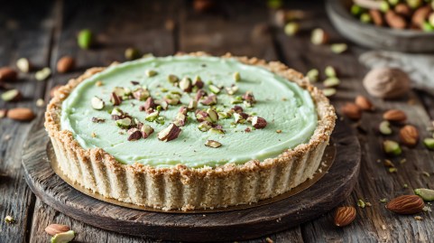 Ein Kokos-Pistazien-Cheesecake steht auf einer rustikalen Holzplatte auf einem Holztisch in derselben Farbe. Dekoriert ist er mit einigen Mandeln und Pistazien. Rund um den Kuchen liegen verteilt weitere Mandeln und Pistazien.