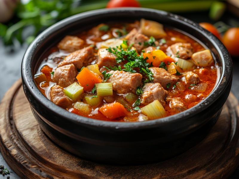 Eine Schüssel kreolischer Eintopf mit Schweinefleisch und Dosentomaten sowie Lauch. Drumherum einige Zutaten.