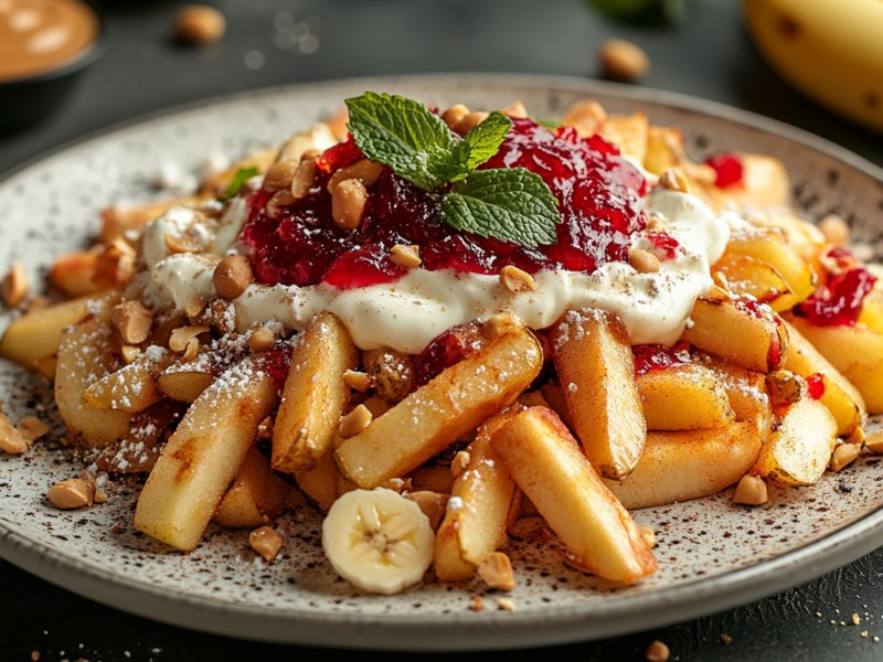 Teller mit loaded Apfel-Fries mit Joghurt und Marmelade