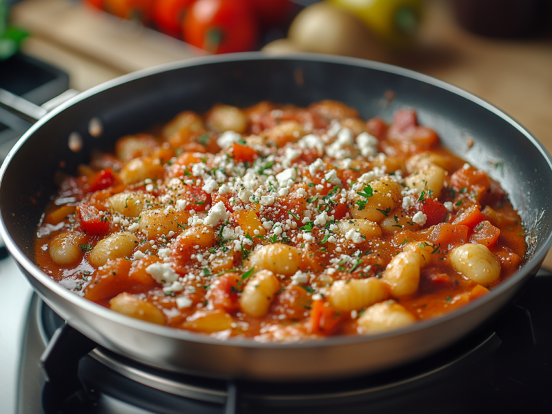 Mediterrane Gnocchi-Pfanne mit Paprika und cremiger Tomatensoße, bestreut mit Feta. Die Pfanne steht auf einer Herdplatte.