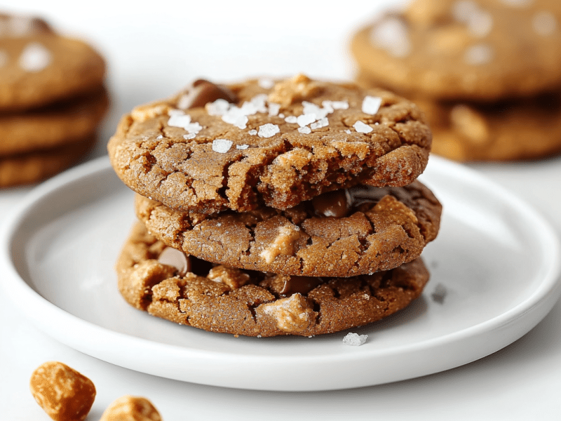 Miso-Cookies auf einem Teller, übereinandergestapelt.