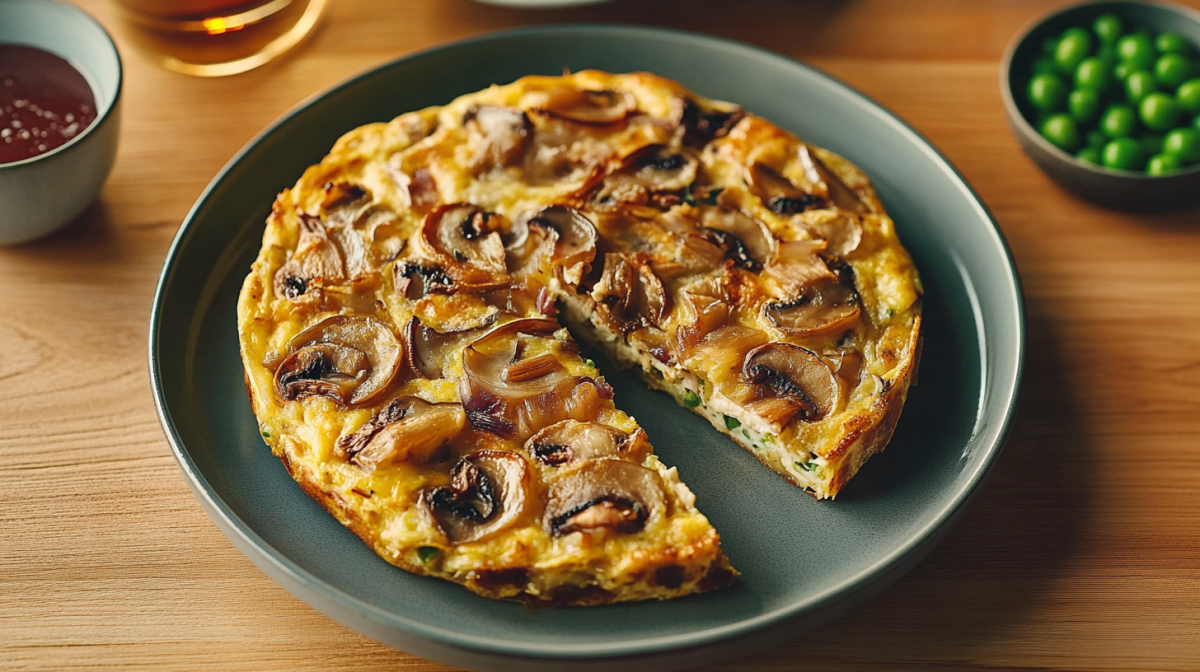 Eine Pilz-Kartoffel-Tortilla liegt auf einem grauen Teller. Sie ist angeschnitten und gibt den Blick auf die Füllung frei. Im Hintergrund links steht eine Schale mit Ketchup, hinten rechts eine Schale mit Erbsen.