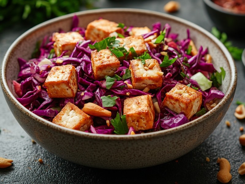 Eine Schüssel Red Coleslaw mit friitiertem Tofu.