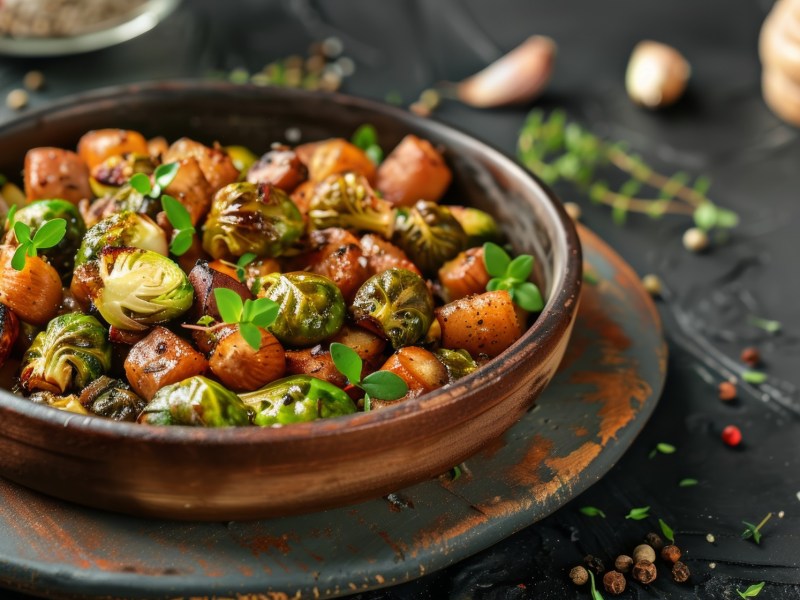 Eine Tonschale mit Rosenkohl mit Maronen.