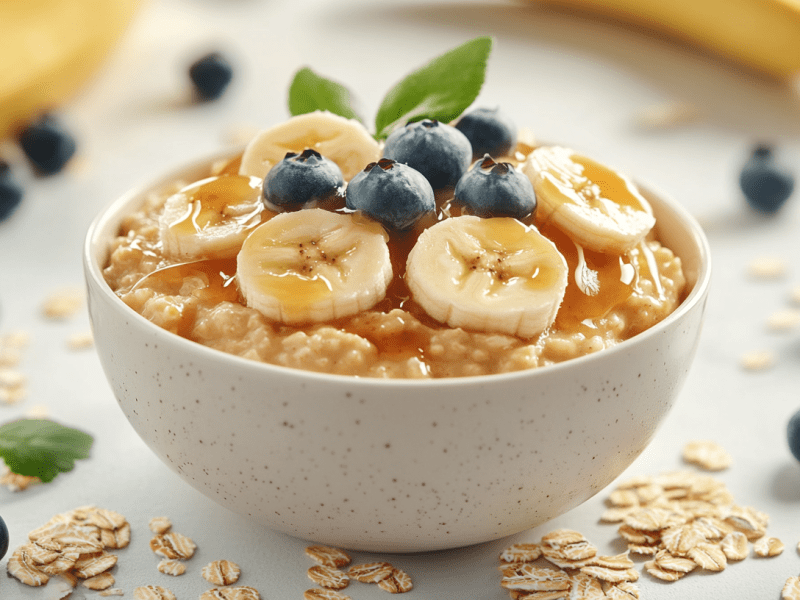 Eine Schüssel Salted Caramel Porridge garniert mit Bananenscheiben und Blaubeeren, drumherum ein paar Bananen und Haferflocken.