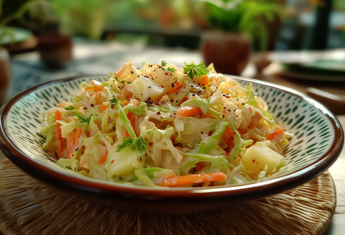 Eine gepunktete Schüssel mit Spitzkohl-Coleslaw steht auf eine Korbunterlage. Der Salat ist mit Spitzkohl, Karotten und Apfelstücken zubereitet und mit frischem Dill und gemahlenen Pfeffer garniert. Im Hintergrund stehen einige Tischpflanzen sowie weitere Teller.