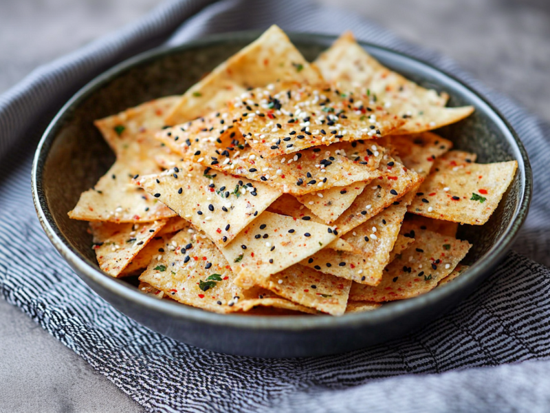 Eine dunkelgraue Schüssel mit selbst gemachten Tofu-Chips, die mit weisem und schwarzem Sesam, Chilipulver und Nor-Flocken gewürzt sind. Die Schüssel steht auf einem dunkelblauen Küchentuch auf einer grauen Arbeitsfläche.
