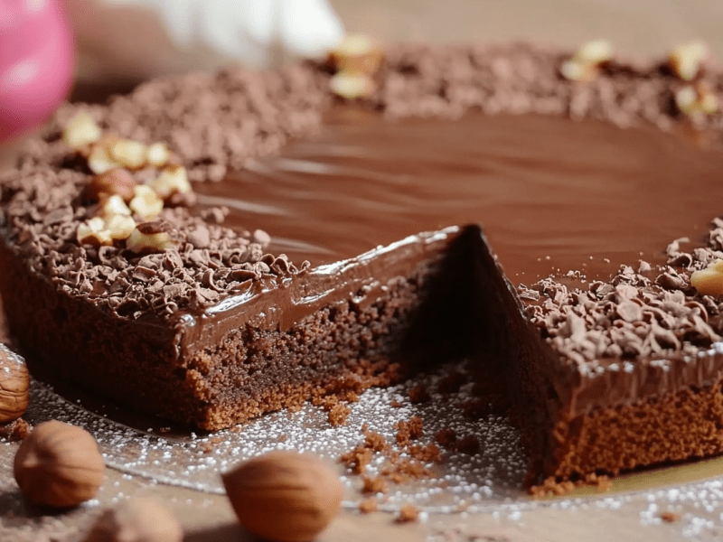 Torta Gianduia: italienischer Schoko-Haselnusskuchen, von dem ein Stück entnommen wurde.