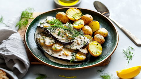 Veganer Hering in Sahnesoße auf einem grünen Teller mit Kartoffeln. Das Gericht ist mit Dill angerichtet. Rechts neben dem Teller liegt ein Löffel, sowie eine geviertelte Zitrone. Der Teller steht auf einem Holzbrett. Daneben liegt ein geknülltes Tuch.