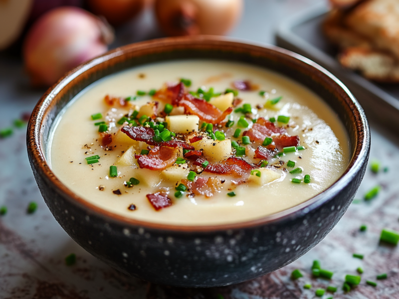 Eine dunkle Schüssel mit Zwiebelcremesuppe mit Apfel und Speck garniert mit frischem Schnittlauch. Die Schüssel steht auf einer grauen Arbeitsfläche. Im Hintergrund liegen ein paar Zwiebeln und es steht ein Teller mit gerösteten knusprigen Brotstücken. Um die Zwiebelcremesuppe liegt auch frischer Schnittlauch verstreut.