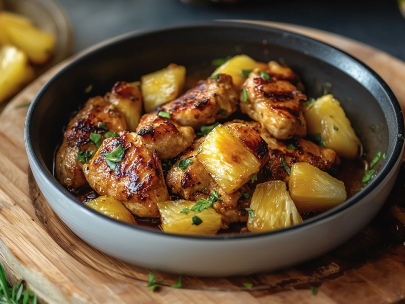 Leckeres Ananas-Hähnchen in einer flachen Schale.