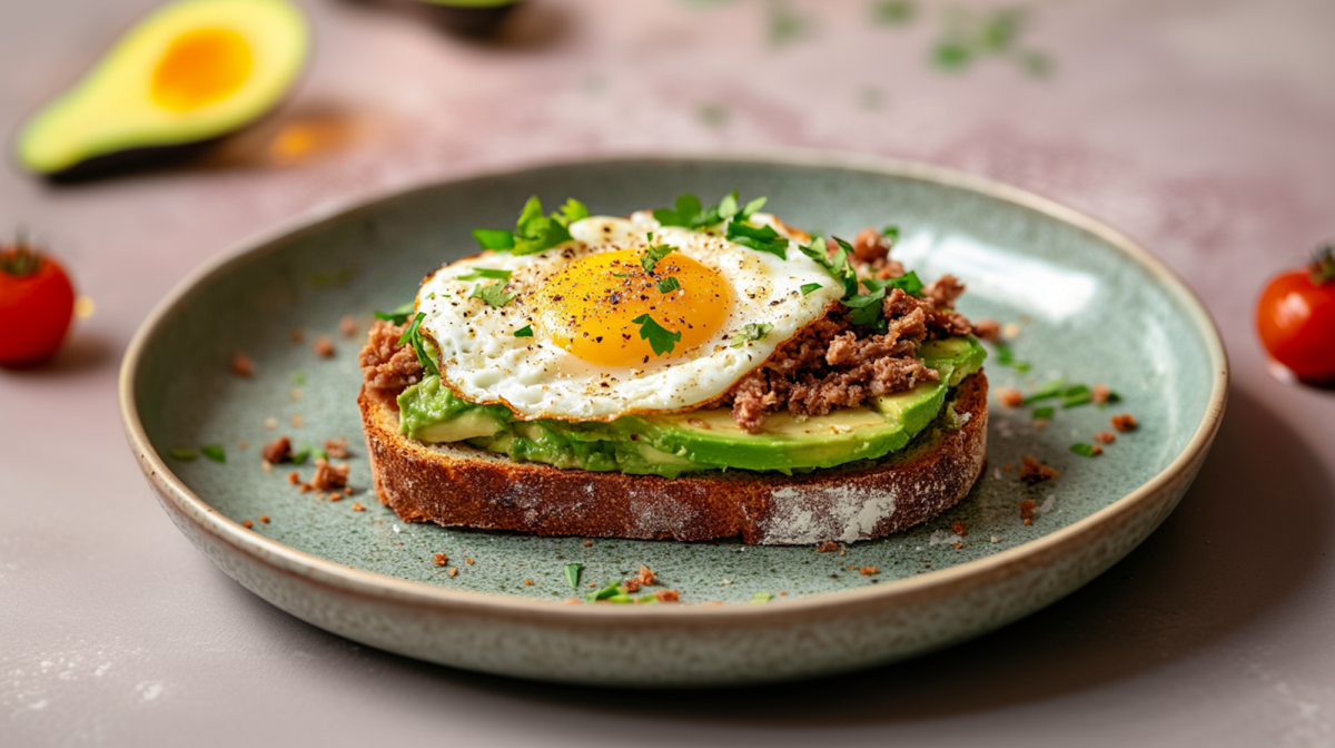 Ein Teller mit einem Avocado-Hack-Brot mit Spiegelei, das mit frischen Kräuter garniert ist. Um das Brot herum liegen im Hintergrund 2 einzelne Tomaten und eine halbe Avocado.