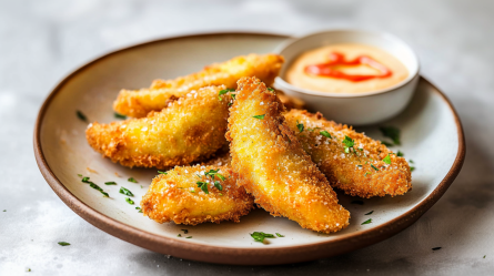 Ein Teller mit einigen knusprig frittierten Avocado-Wedges. Auf dem Teller steht auch ein kleines Schälchen mit Sriracha-Mayo-Dip. Die Avocado-Wedges sind mit Meersalz und klein gehackten frischen Kräutern garniert.