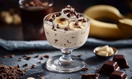 Ein Dessertglas mit Bananenquark, umgeben von Schokoladenstückchen und Bananen.