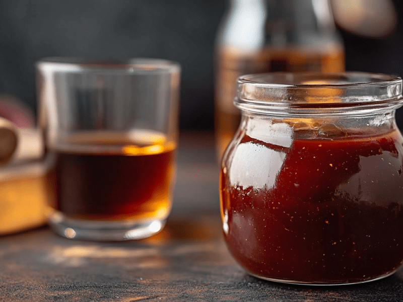 Ein Einmachglas mit BBQ-Soße mit Whiskey, das auf einer dunklen Arbeitsfläche steht. Im Hintergrund ist ein Glas mit Whiskey und eine Flasche mit Whiskey zu sehen. Außerdem liegt ein Holzbrett mit nicht näher erkennbaren Kochutensilien aus Holz herum.