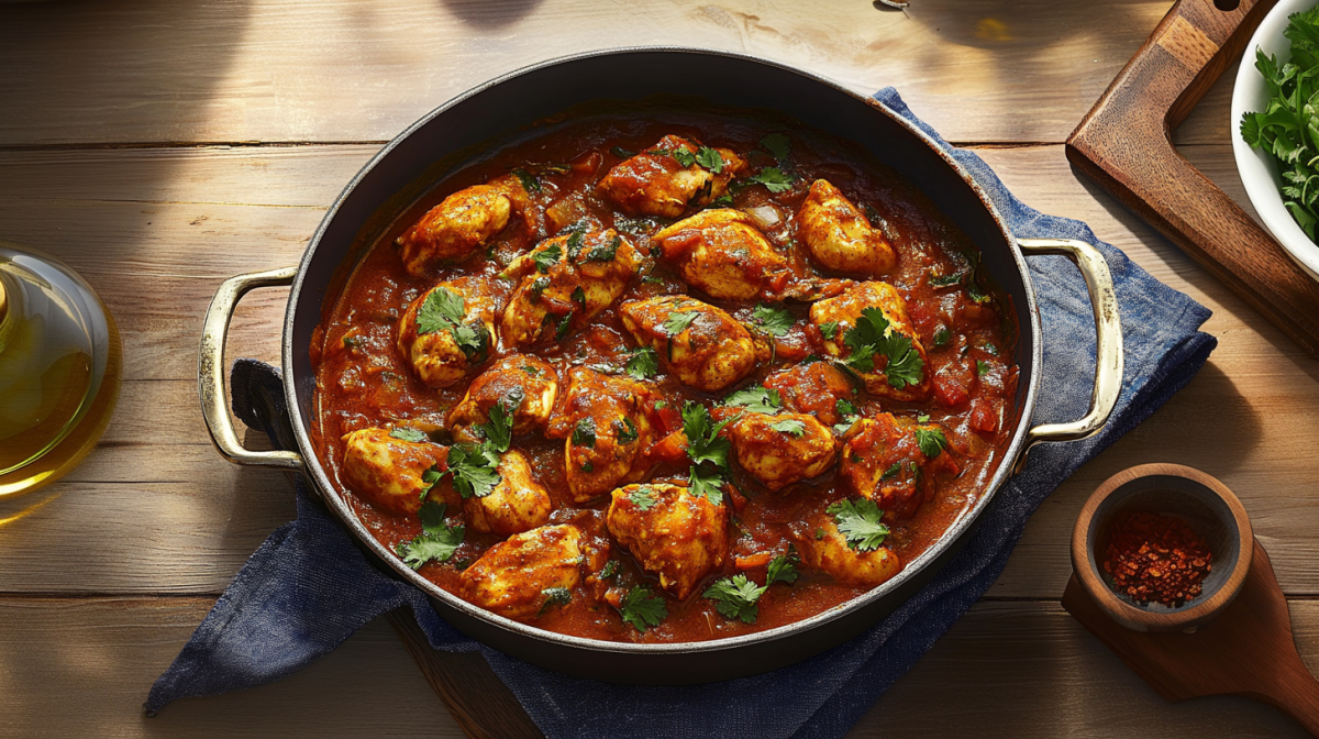 Bhuna-Hähnchen in einer cusseisernen Pfanne.