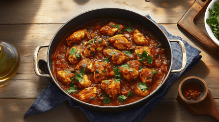 Bhuna-Hähnchen in einer cusseisernen Pfanne.