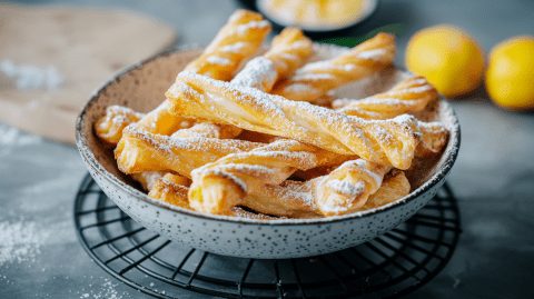 Eine Schüssel mit Blätterteig-Quarkstangen, die mit Puderzucker bestäubt sind. Die Schüssel steht auf einem Gitter-Untersetzer. Im Hintergrund liegt ein Holzbrett, auf dem Mehl oder Puderzucker verstreut ist. Außerdem liegen im Hintergrund zwei Zitronen.