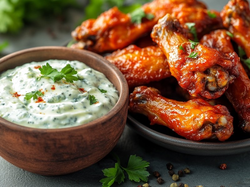 Eine Holzschale Blauschimmelkäse-Dip neben einem Teller Chicken Wings, Nahaufnahme.