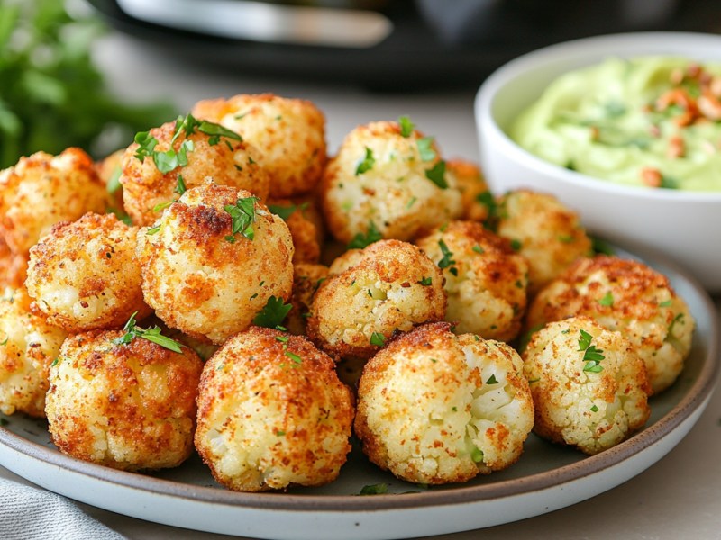 Teller mit Blumenkohl-Käse-Bällchen aus dem Airfryer, Avocado-Dip daneben