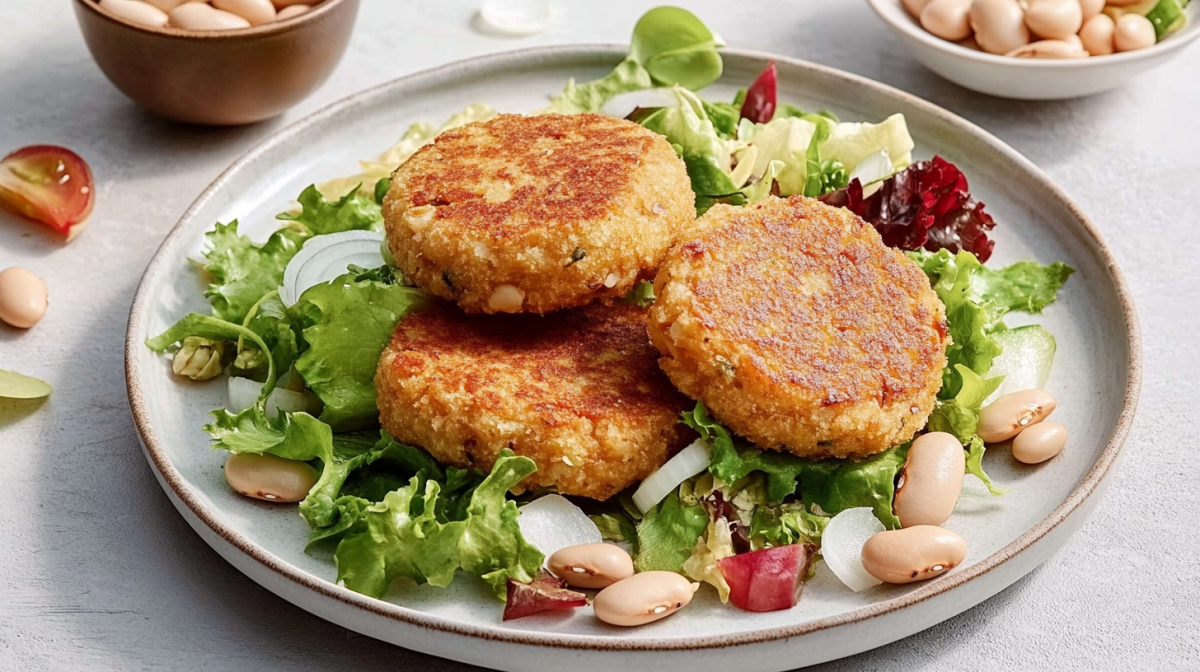 Ein Teller mit Salat und drei Bohnen-Frikadellen, drumherum ein paar kleine Schüsseln mit Zutaten.