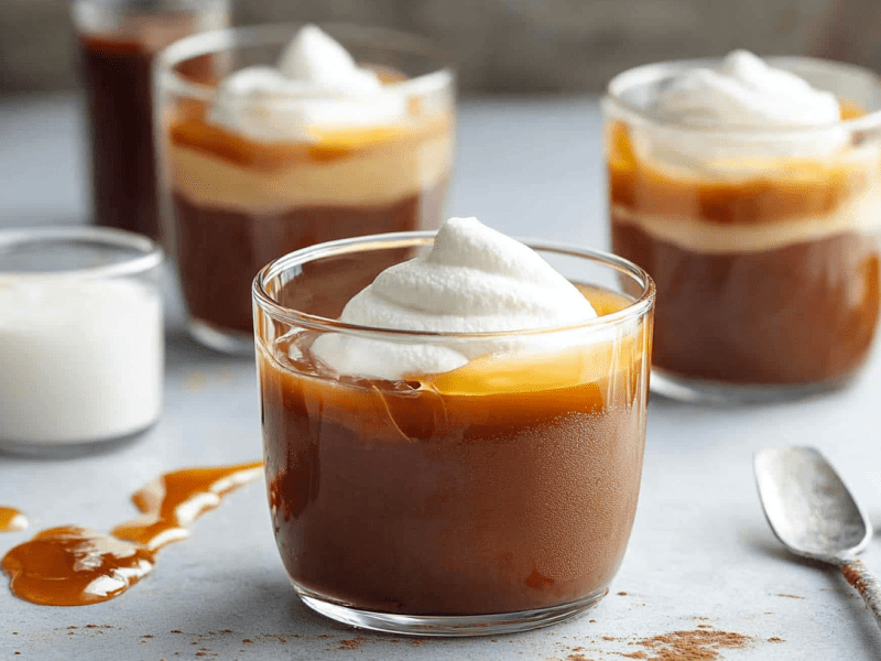 Drei Gläser Budino: italienischer Schokopudding mit Karamellsoße und Sahne.