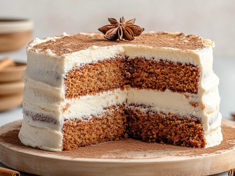 Eine angeschnittene Chai-Torte mit zwei Böden und Frischkäsecreme auf einem runden Brett. Drumherum Zimtstangen und Anissterne.