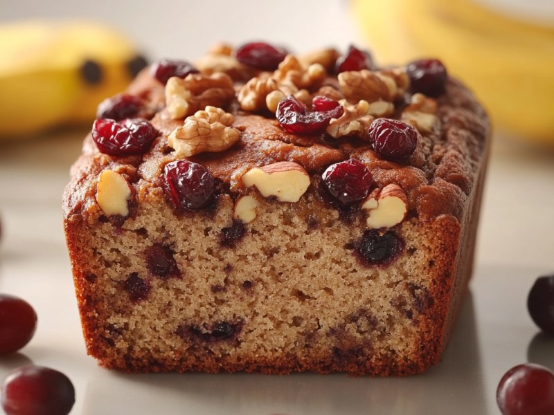 Ein angeschnittenes Cranberry-Bananenbrot mit Nüssen und Cranberrys garniert.
