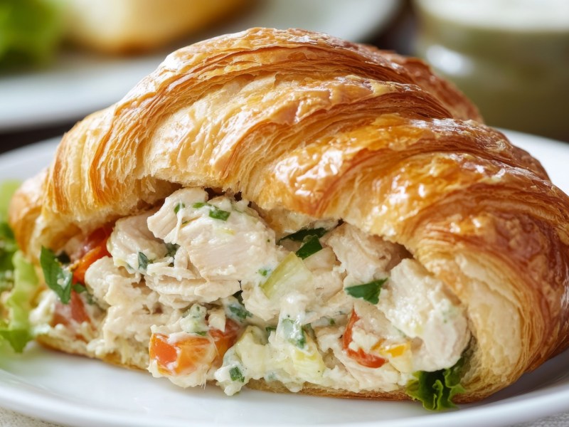 Croissant mit Hähnchen-Mandarinen-Salat auf einem Teller