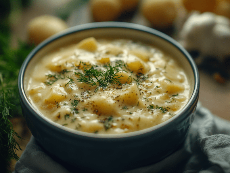 Dill-Kartoffelsuppe in einer Schale.